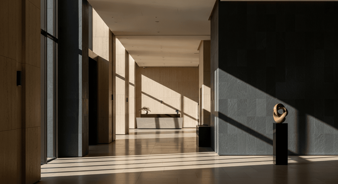 Aesthetic high-end hotel lobby representing calm authority